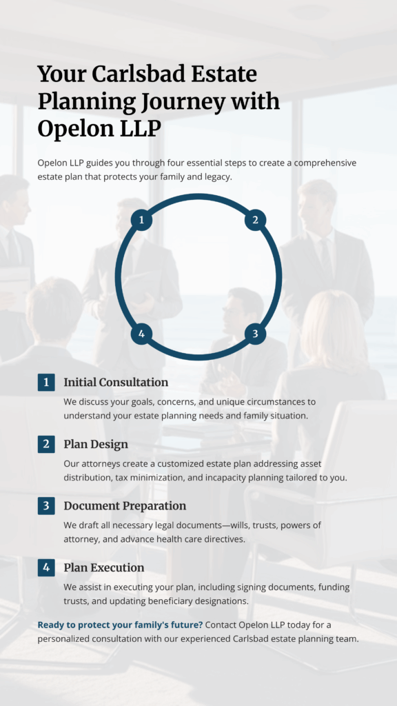 4 step Carlsbad Estate Planning Process diagram with Opelon-LLP