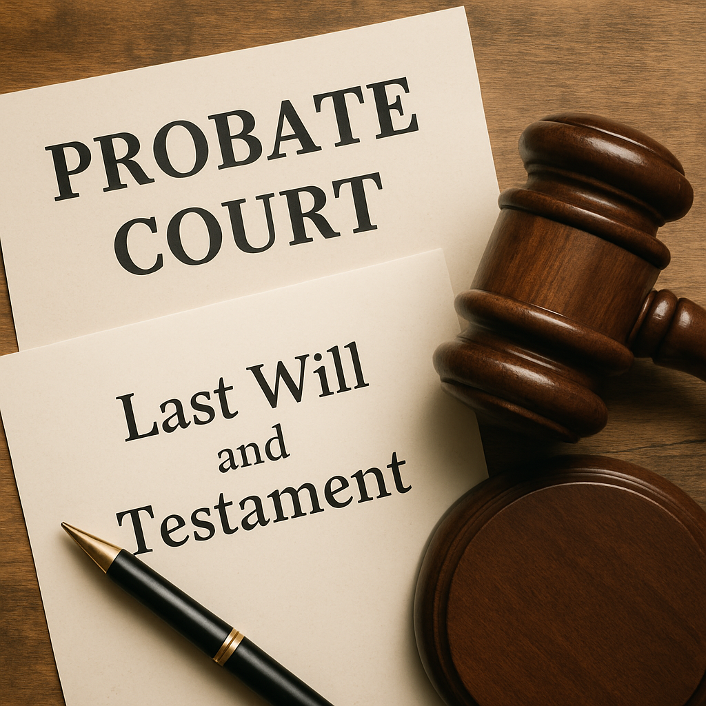 Image of papwork that says Probate Court and Last Will and Testament for a blog post on the topic of California Probate when there is no will