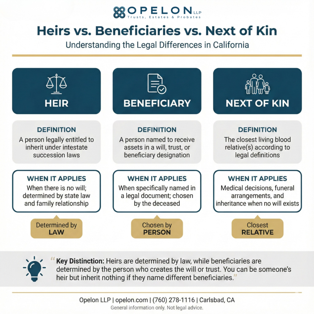 Infographic chart showing Heirs vs. Beneficiaries vs. Next of Kin