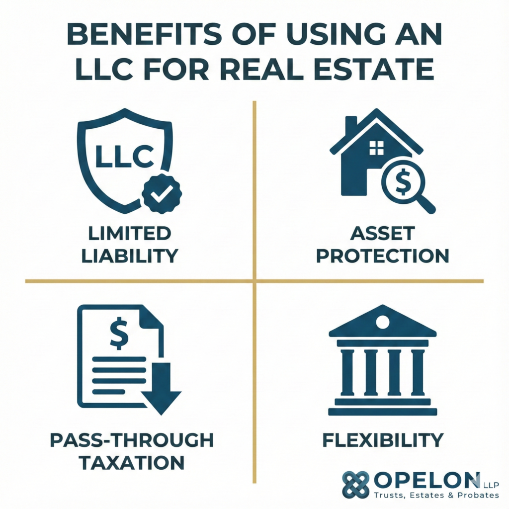 Infographic showing benefits of holding real estate in an LLC