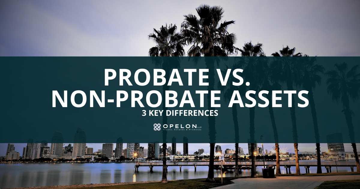Probate vs non probate assets in California blog post title with San Diego skyline in the background.