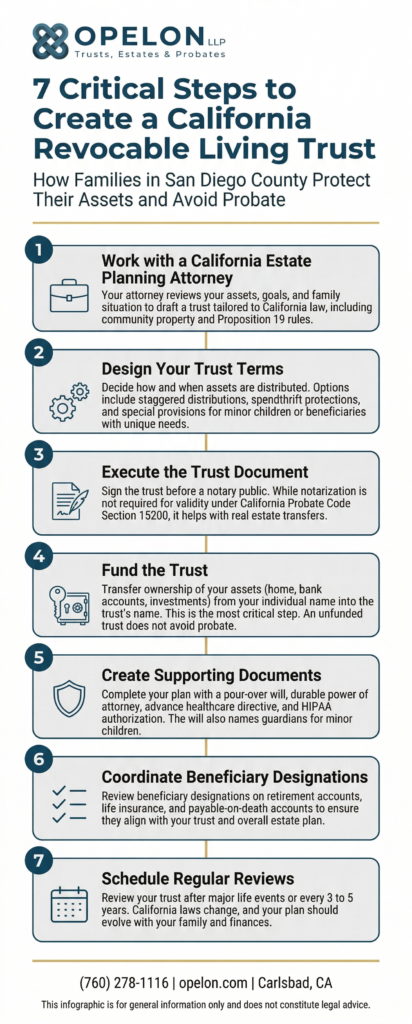 California Revocable Living Trust: 7 Critical Steps to Protect Your Family from Probate 1 Infographic showing the 7 critical steps to create a California revocable living trust, including working with an attorney, funding the trust, and scheduling reviews. Created by Opelon LLP in Carlsbad, California.