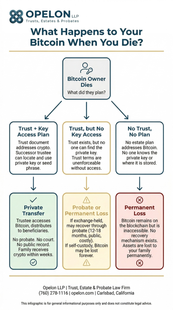Estate Planning for Bitcoin in 2026: How to Fund a Trust With Bitcoin and Protect Your Cryptocurrency 1 Infographic showing three estate planning for bitcoin outcomes: private transfer with a trust and key access plan, probate or permanent loss with a trust but no key access, and permanent loss with no trust or plan. Created by Opelon LLP, Carlsbad, California.