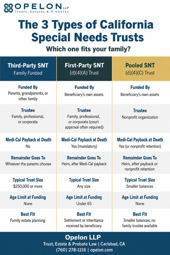 California Special Needs Trust: Complete Guide for Families (2026) 1 California Special Needs Trust: Comparison chart showing the three types of California special needs trusts: third-party SNT, first-party (d)(4)(A) SNT, and pooled (d)(4)(C) SNT, with funding source, trustee options, Medi-Cal payback rules, remainder beneficiaries, typical size, age limit, and best-fit scenario for each.