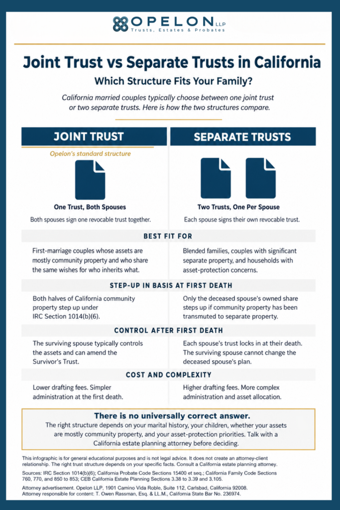 Understanding the Difference between Joint Trust vs Separate Trusts in California in 2026 1 Joint Trust vs. Separate Trusts: Comparison of three California trust structures at the first spouse's death: separate trusts, joint trust with disclaimer mechanism, and joint trust with A-B split. Shows control, lock-in, and step-up in basis differences under California law.